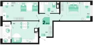 Планировка 2-комн. квартира, 64.5 м² ЖК «Первое место»