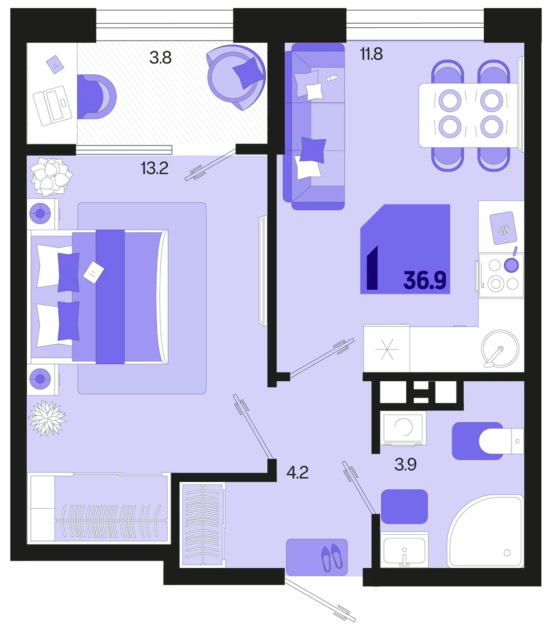 Планировка 1-комн. квартира, 36.9 м² ЖК «Первое место»