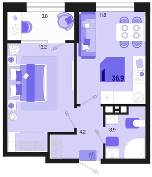 Планировка 1-комн. квартира, 36.9 м² ЖК «Первое место»