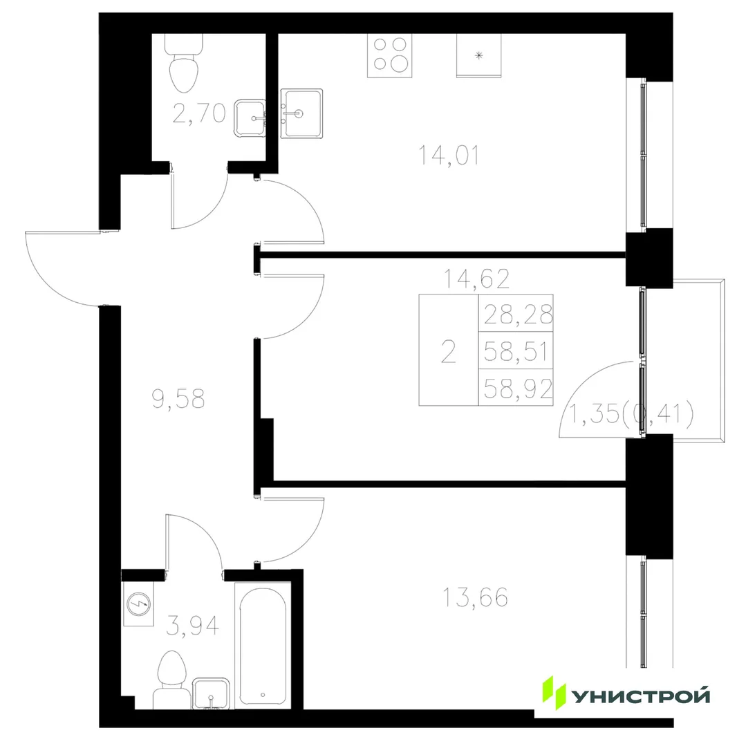 Планировка 2-комн. квартира, 58.92 м² ЖК «Statum»