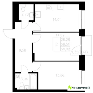 Планировка 2-комн. квартира, 58.92 м² ЖК «Statum»