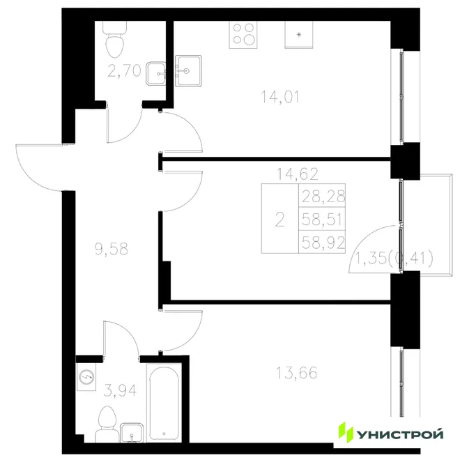 Планировка 2-комн. квартира, 58.92 м² ЖК «Statum»