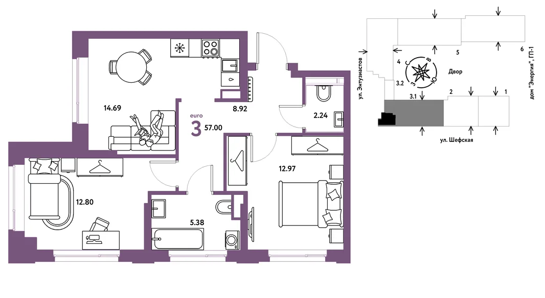 Планировка 3-комн. квартира, 57 м² ЖК «Страна.Энтузиастов»