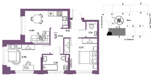 Планировка 3-комн. квартира, 57 м² ЖК «Страна.Энтузиастов»