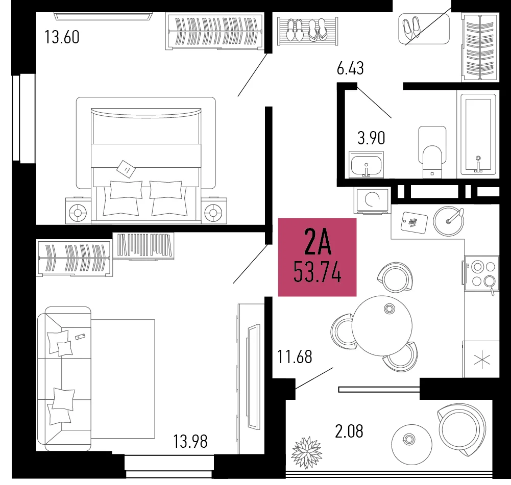 Планировка 2-комн. квартира, 53.74 м² ЖК «Столицыно»