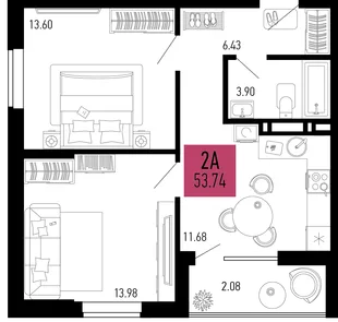 Планировка 2-комн. квартира, 53.74 м² ЖК «Столицыно»
