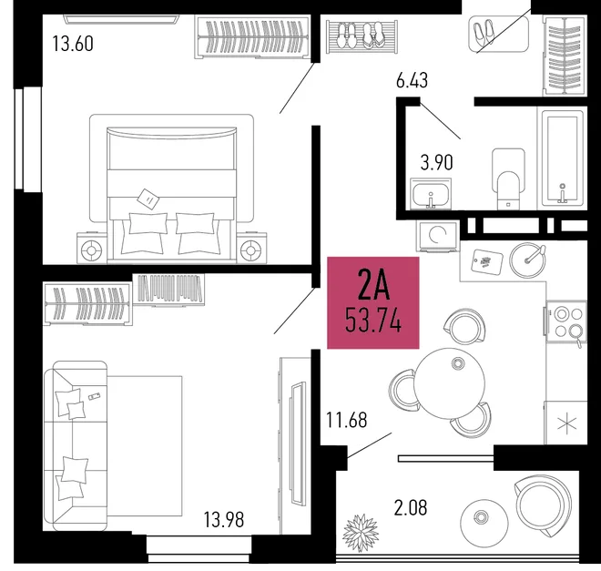 Планировка 2-комн. квартира, 53.74 м² ЖК «Столицыно» Планировка 2-комн. квартира, 53.74 м² ЖК «Столицыно»