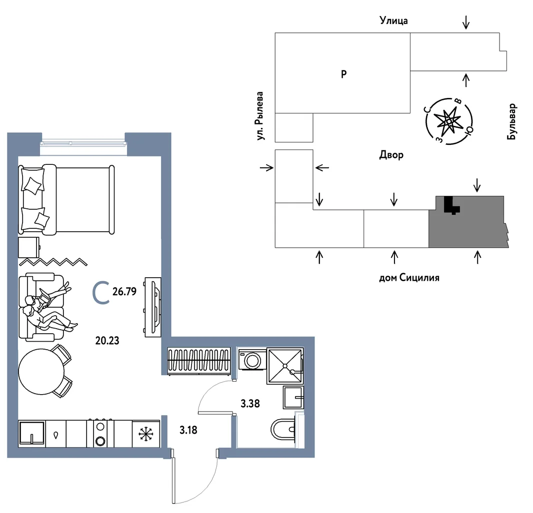 Планировка Студия, 26.79 м² ЖК «Остров-сад»