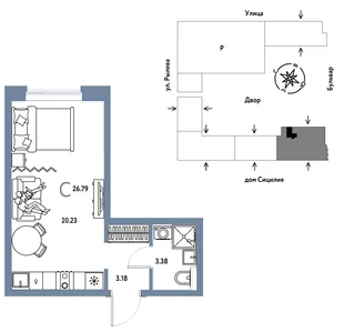Планировка Студия, 26.79 м² ЖК «Остров-сад»