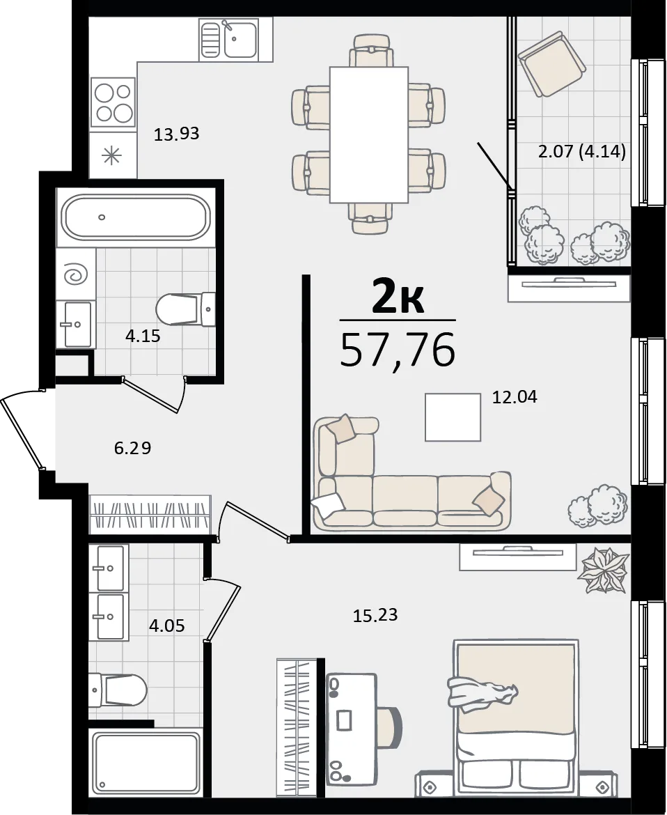 Планировка 2-комн. квартира, 57.76 м² ЖК «Патрики»