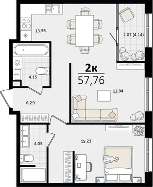 Планировка 2-комн. квартира, 57.76 м² ЖК «Патрики»