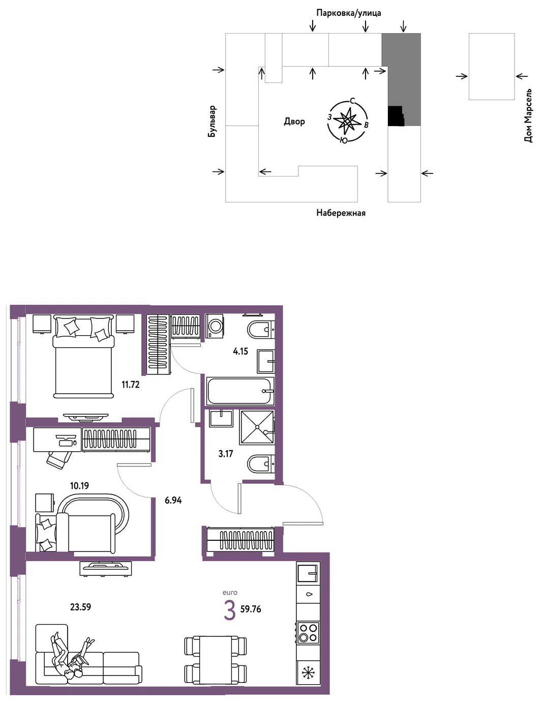 Планировка 3-комн. квартира, 59.76 м² ЖК «Европейский берег 2.0»