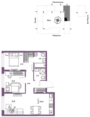 Планировка 3-комн. квартира, 59.76 м² ЖК «Европейский берег 2.0»