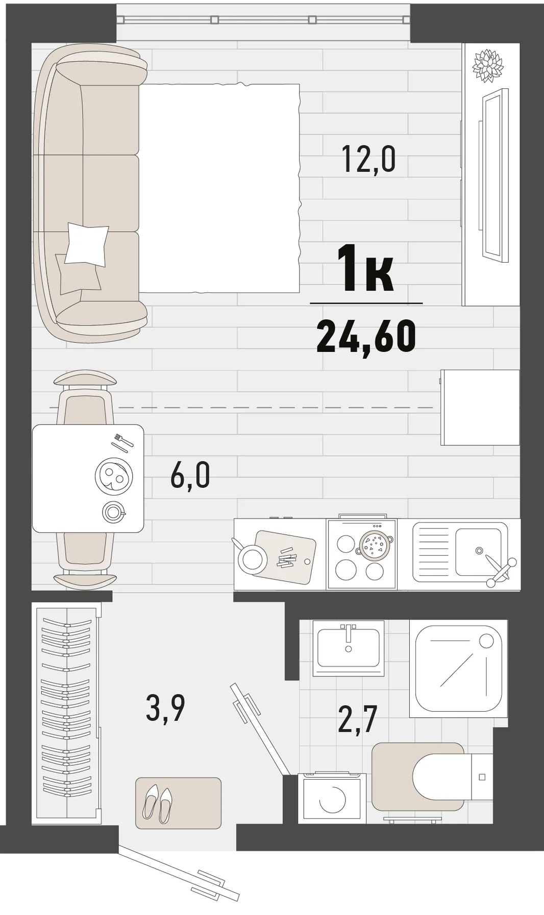 Планировка Студия, 24.6 м² ЖК «Барса»