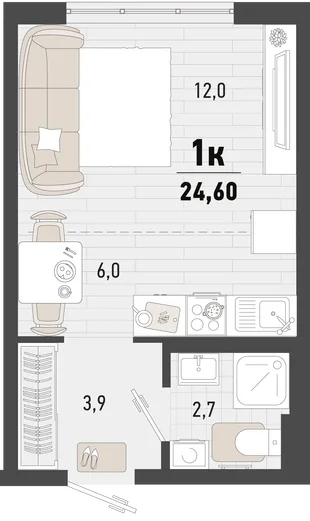 Планировка Студия, 24.6 м² ЖК «Барса»