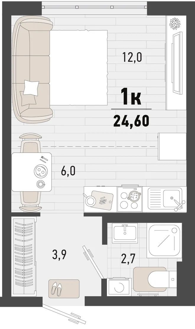 Планировка Студия, 24.6 м² ЖК «Барса» Планировка Студия, 24.6 м² ЖК «Барса»