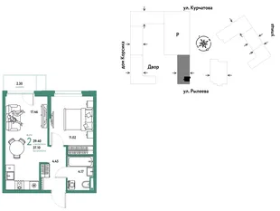 Планировка 2-комн. квартира, 39.36 м² ЖК «Остров-сад»