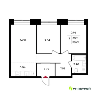 Планировка 3-комн. квартира, 55.01 м² ЖК «Уникум на Энгельса»