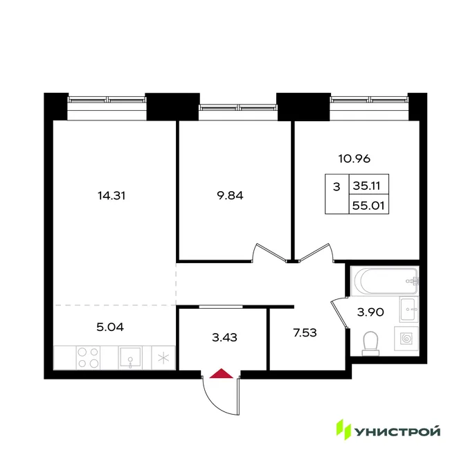 Планировка 3-комн. квартира, 55.01 м² ЖК «Уникум на Энгельса» Планировка 3-комн. квартира, 55.01 м² ЖК «Уникум на Энгельса»