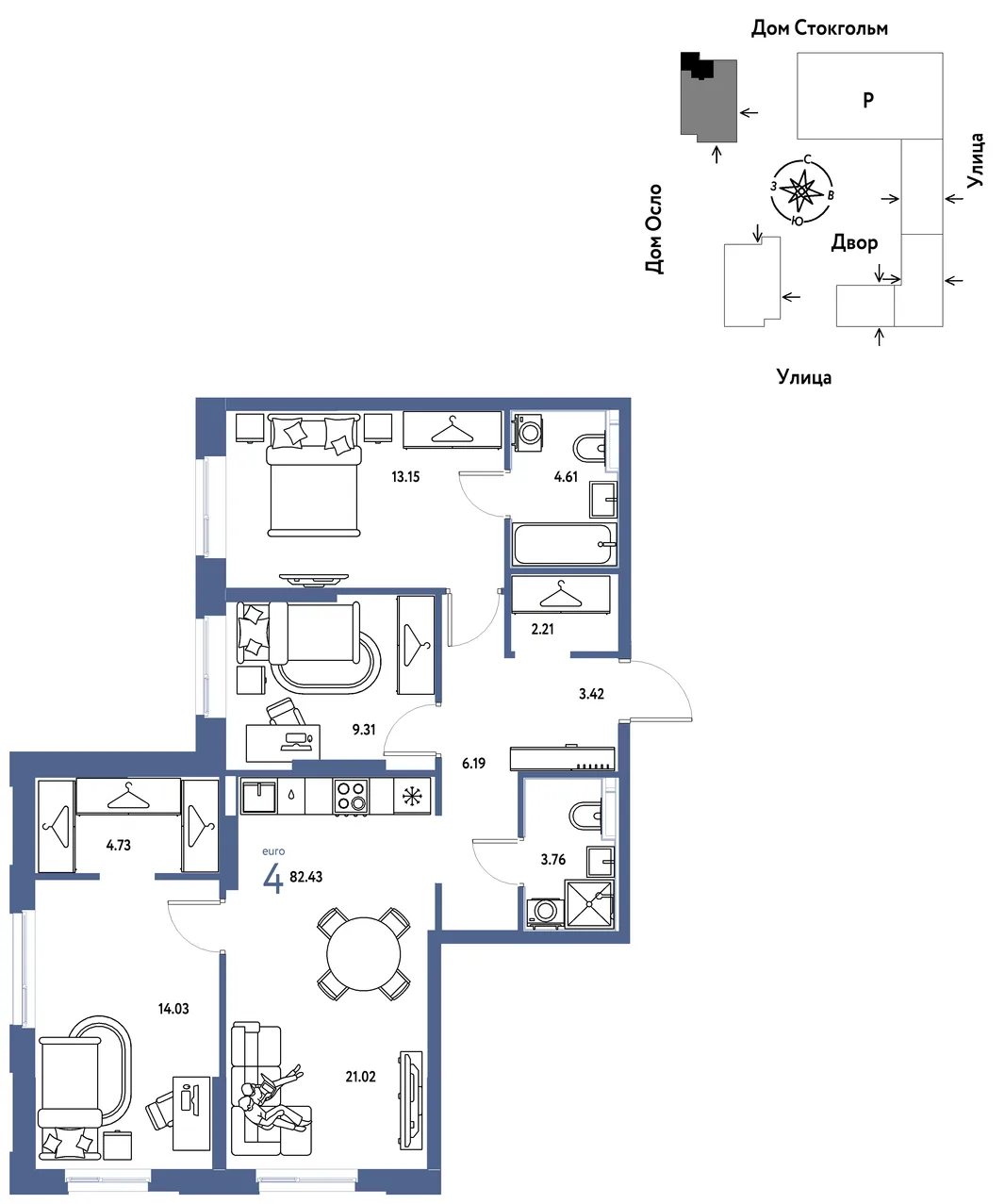 Планировка 4-комн. квартира, 82.43 м² ЖК «Европейский берег 2.0»