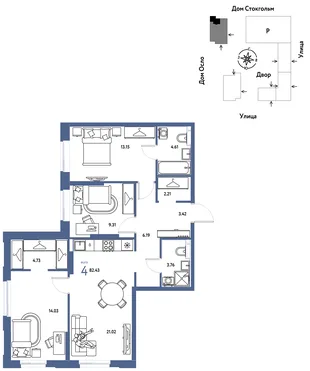 Планировка 4-комн. квартира, 82.43 м² ЖК «Европейский берег 2.0»