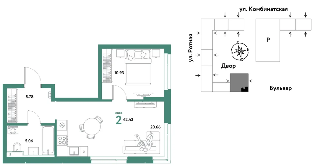 Планировка 2-комн. квартира, 42.22 м² ЖК «Уральский сад»