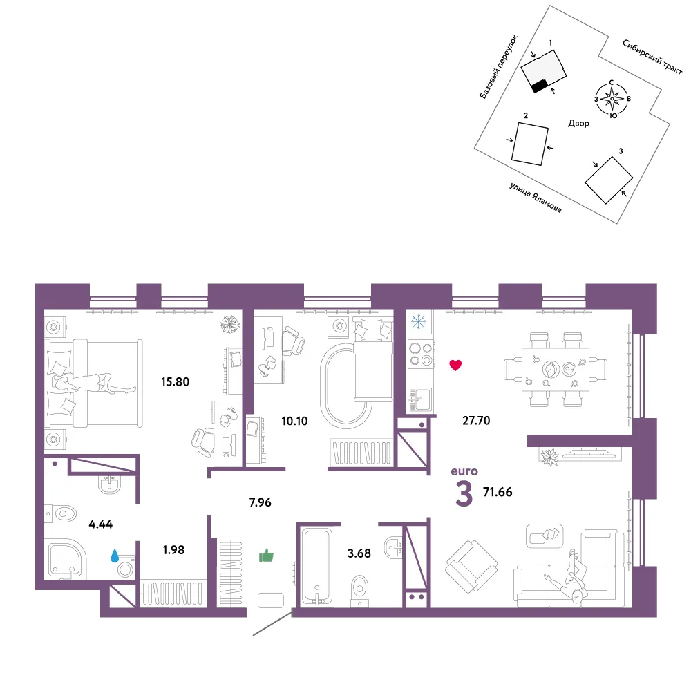 Планировка 3-комн. квартира, 71.66 м² ЖК «Сибирский сад»