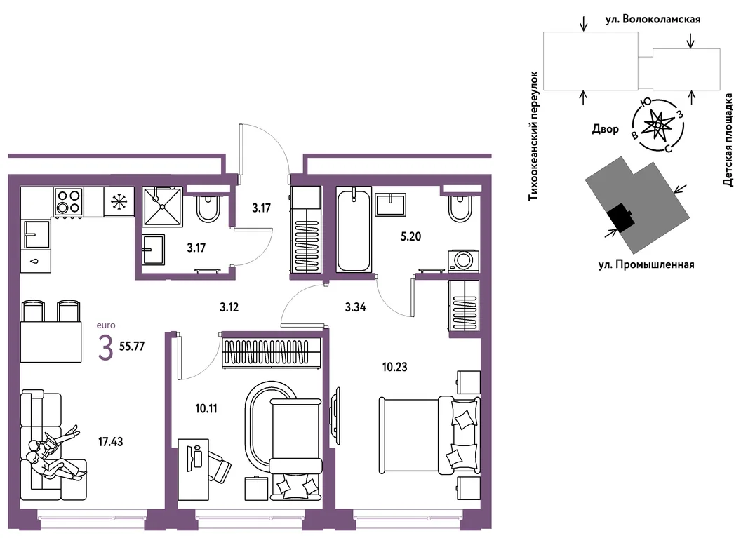 Планировка 3-комн. квартира, 55.77 м² ЖК «Страна Прибрежная»