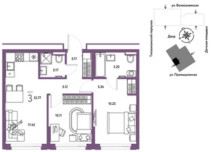 Планировка 3-комн. квартира, 55.77 м² ЖК «Страна Прибрежная»