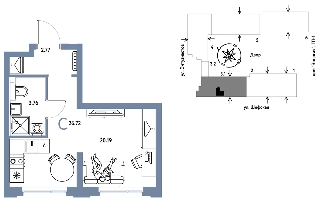 Планировка Студия, 26.72 м² ЖК «Страна.Энтузиастов»