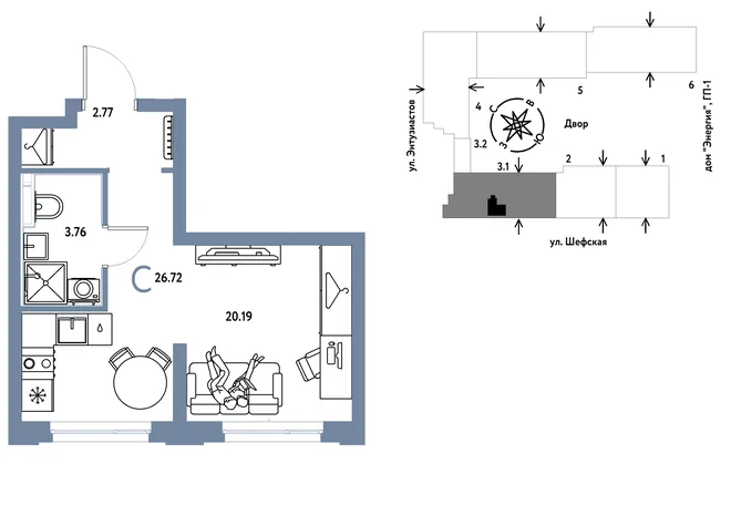Планировка Студия, 26.72 м² ЖК «Страна.Энтузиастов» Планировка Студия, 26.72 м² ЖК «Страна.Энтузиастов»