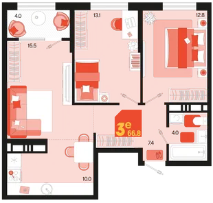 Планировка 3-комн. квартира, 66.8 м² ЖК «Первое место»