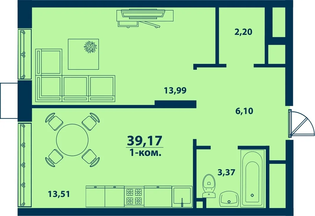 Планировка 1-комн. квартира, 39.17 м² ЖК «Город природы»