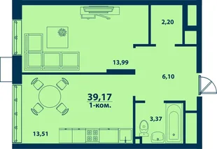 Планировка 1-комн. квартира, 39.17 м² ЖК «Город природы»