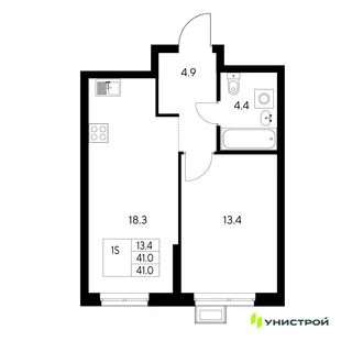 Планировка 1-комн. квартира, 41 м² ЖК «Стадиум»