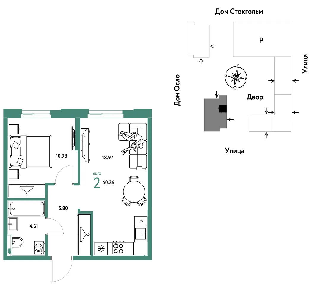 Планировка 2-комн. квартира, 40.36 м² ЖК «Европейский берег 2.0»