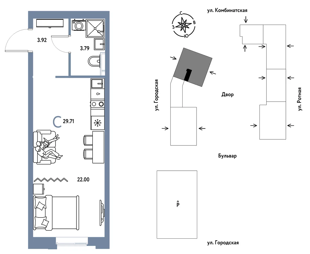Планировка Студия, 29.71 м² ЖК «Уральский сад»