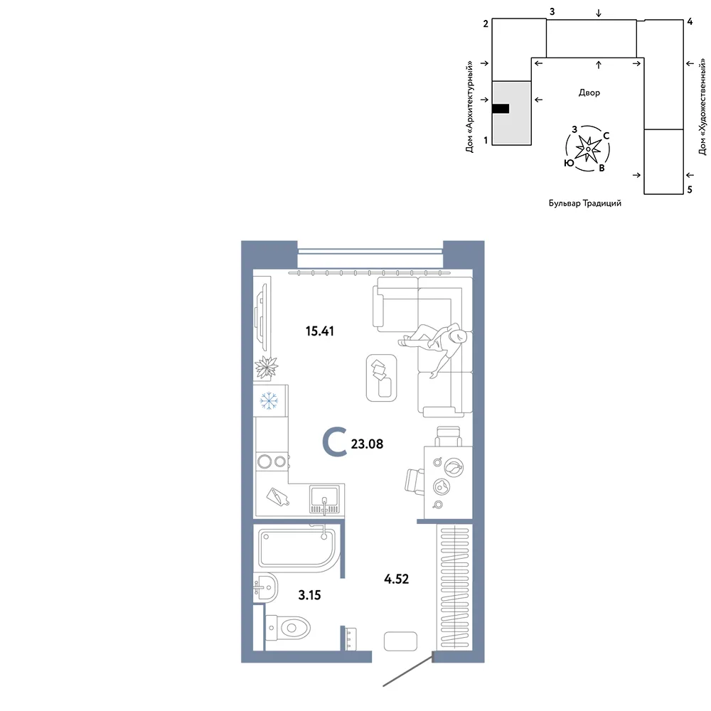 Планировка Студия, 23.08 м² ЖК «Микрорайон Домашний»