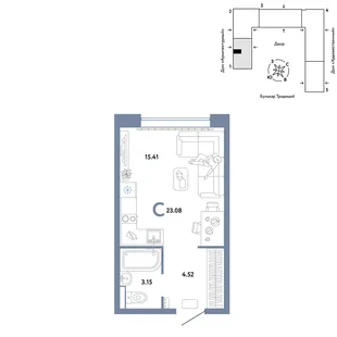 Планировка Студия, 23.08 м² ЖК «Микрорайон Домашний»