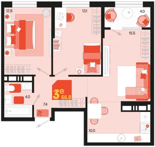 Планировка 3-комн. квартира, 66.8 м² ЖК «Первое место»