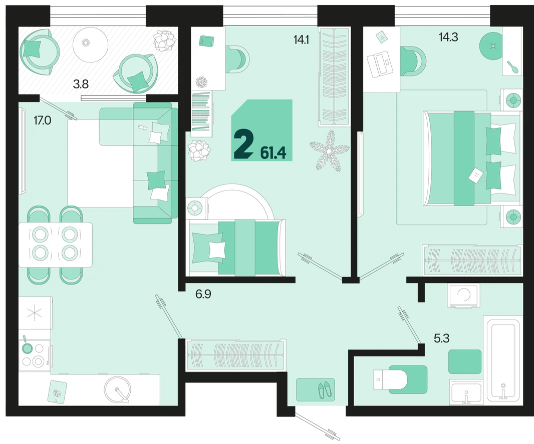 Планировка 2-комн. квартира, 61.4 м² ЖК «Первое место»