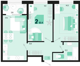Планировка 2-комн. квартира, 61.4 м² ЖК «Первое место»