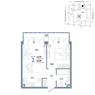 Планировка 2-комн. квартира, 40.97 м² ЖК «Страна.Озёрная»