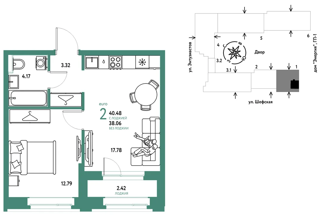 Планировка 2-комн. квартира, 40.48 м² ЖК «Страна.Энтузиастов»