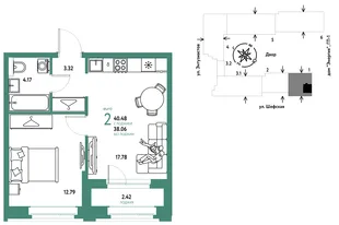 Планировка 2-комн. квартира, 40.48 м² ЖК «Страна.Энтузиастов»