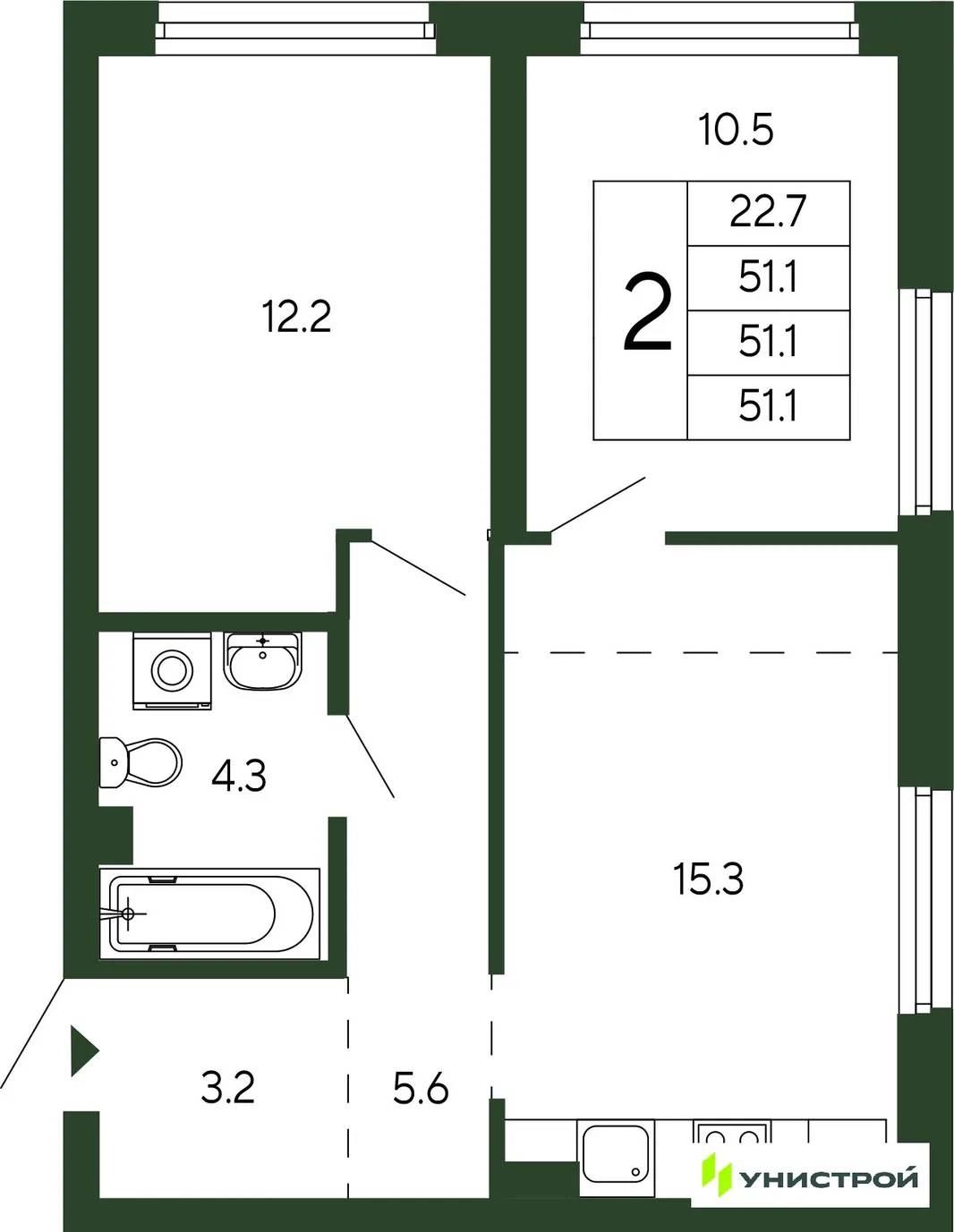 Планировка 2-комн. квартира, 51.1 м² ЖК «Парковый квартал 2.0»