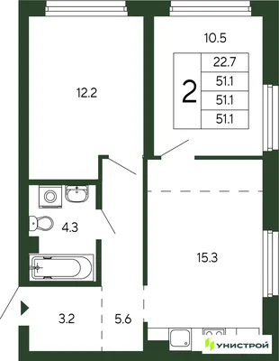 Планировка 2-комн. квартира, 51.1 м² ЖК «Парковый квартал 2.0»