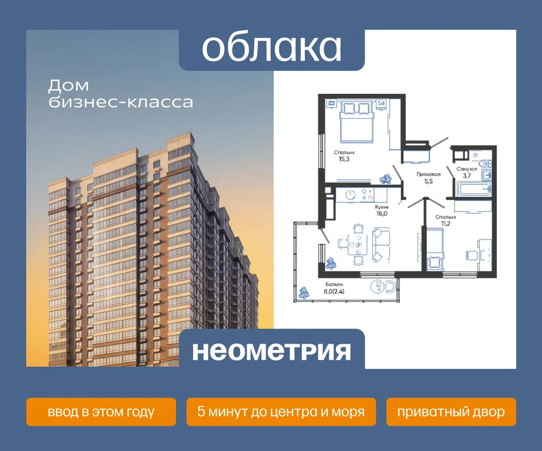 Планировка 2-комн. квартира, 56.1 м² ЖК «Облака»