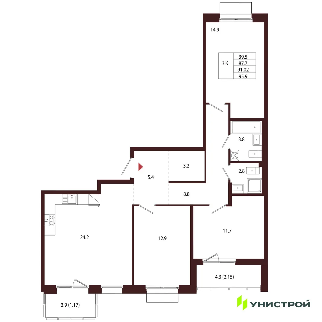 Планировка 3-комн. квартира, 91.02 м² ЖК «Лисино»