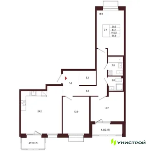 Планировка 3-комн. квартира, 91.02 м² ЖК «Лисино»